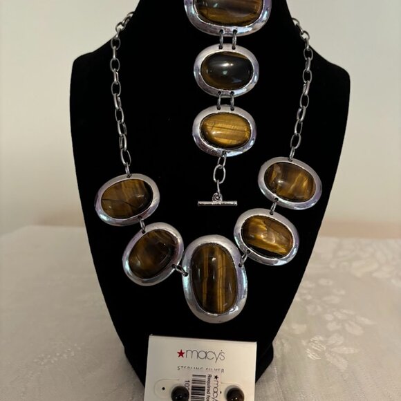 Beautiful Tiger Eye Necklace (21"), Bracelet (8") and Earrings set in silver! - Picture 1 of 16